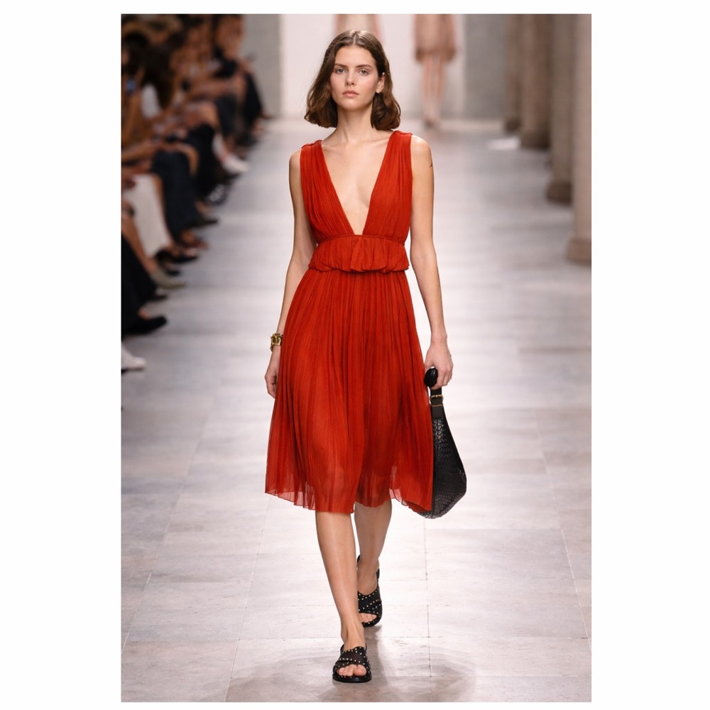 Chloé Orange Midi Dress Pleated Peplum 2 Cocktail Party Wedding Guest NWT 🟡 - Picture 2 of 15